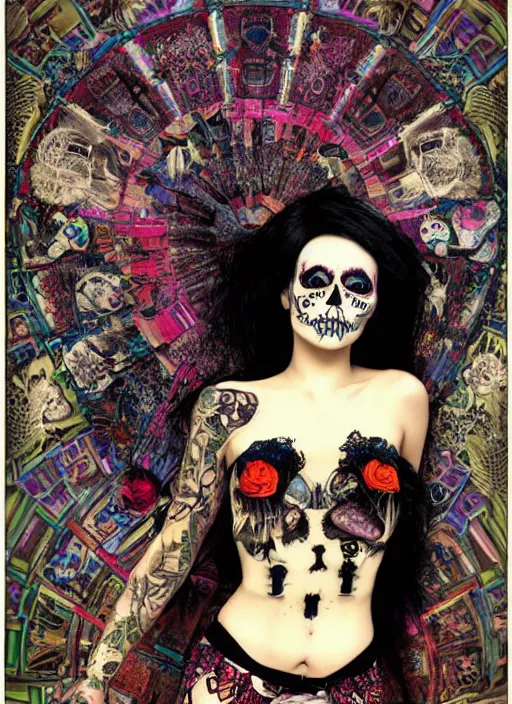 Image similar to cute punk goth fashion fractal Día de los Muertos tattooed girl posing in goth outfit by Zhang Jingna, psychedelic poster art of by Victor Moscoso Rick Griffin Alphonse Mucha Gustav Klimt Ayami Kojima Amano Charlie Bowater, masterpiece