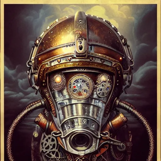 Image similar to dan mumford tom bagshaw, dream world curiosities carnival, photorealistic soft paint of a single very beautiful helmet full long steampunk armored, ultra deep fog, partial symmetry accurate features, focus, very intricate ultrafine details, award winning masterpiece, steampunk world