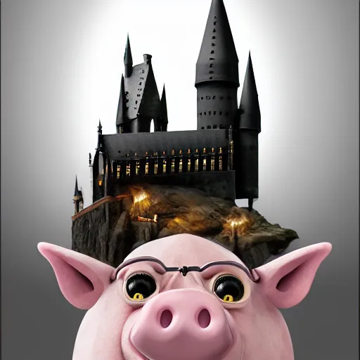 Prompt: harry potter as a pig, hogwarts castle, floating candles, trending on artstation, 8 k