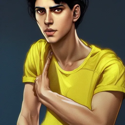 Image similar to ultra realistic illustration, a young man with black hair, in a yellow t - shirt, with blue eyes, highly detailed, digital painting, artstation, concept art, smooth, sharp focus, illustration, art by artgerm and greg rutkowski and alphonse mucha