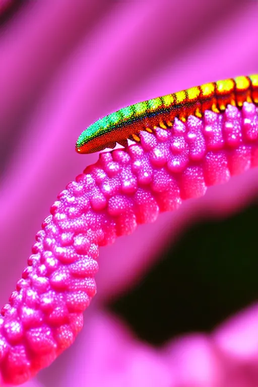 Image similar to high quality close-up photo pearlescent caterpillar! gorgeous highly detailed david ligare elson peter cinematic pink lighting high quality low angle hd 8k sharp shallow depth of field