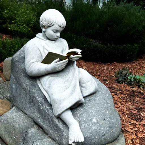 Prompt: stone statue of kid a book, outdoors