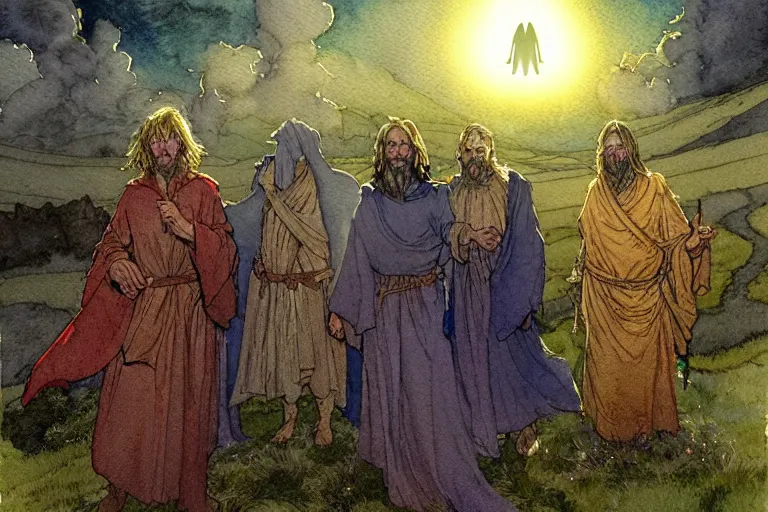 Image similar to a realistic and atmospheric watercolour fantasy character concept art portrait of a group of christians wearing robes and emerging from the mist on the moors of ireland at night. a ufo is in the sky. by rebecca guay, michael kaluta, charles vess and jean moebius giraud