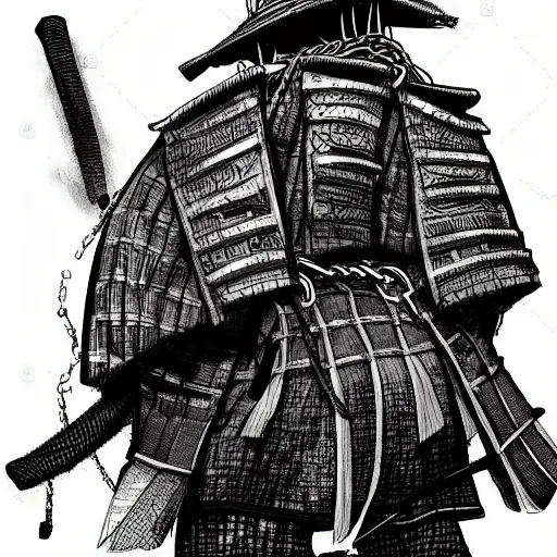 Image similar to a portrait from behind of a samurai man vagabond that holds chains, detailed, illustration, concept art, ink style, sketch