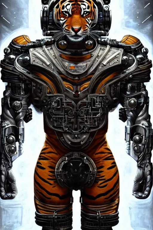 Image similar to a portrait of a muscular anthropomorphic cyberpunk tiger in spacesuit armor with ensignia on chest plate by sandra chevrier, by jon foster, detailed render, post - processing, extremely hyperdetailed, intricate, epic composition, cybernetics, 4 k realistic, cryengine, realistic shaded lighting, sharp focus, masterpiece, by enki bilal