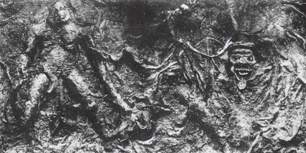 Image similar to explorers discover horrifying monster in mine, 1 9 0 0 s photograph