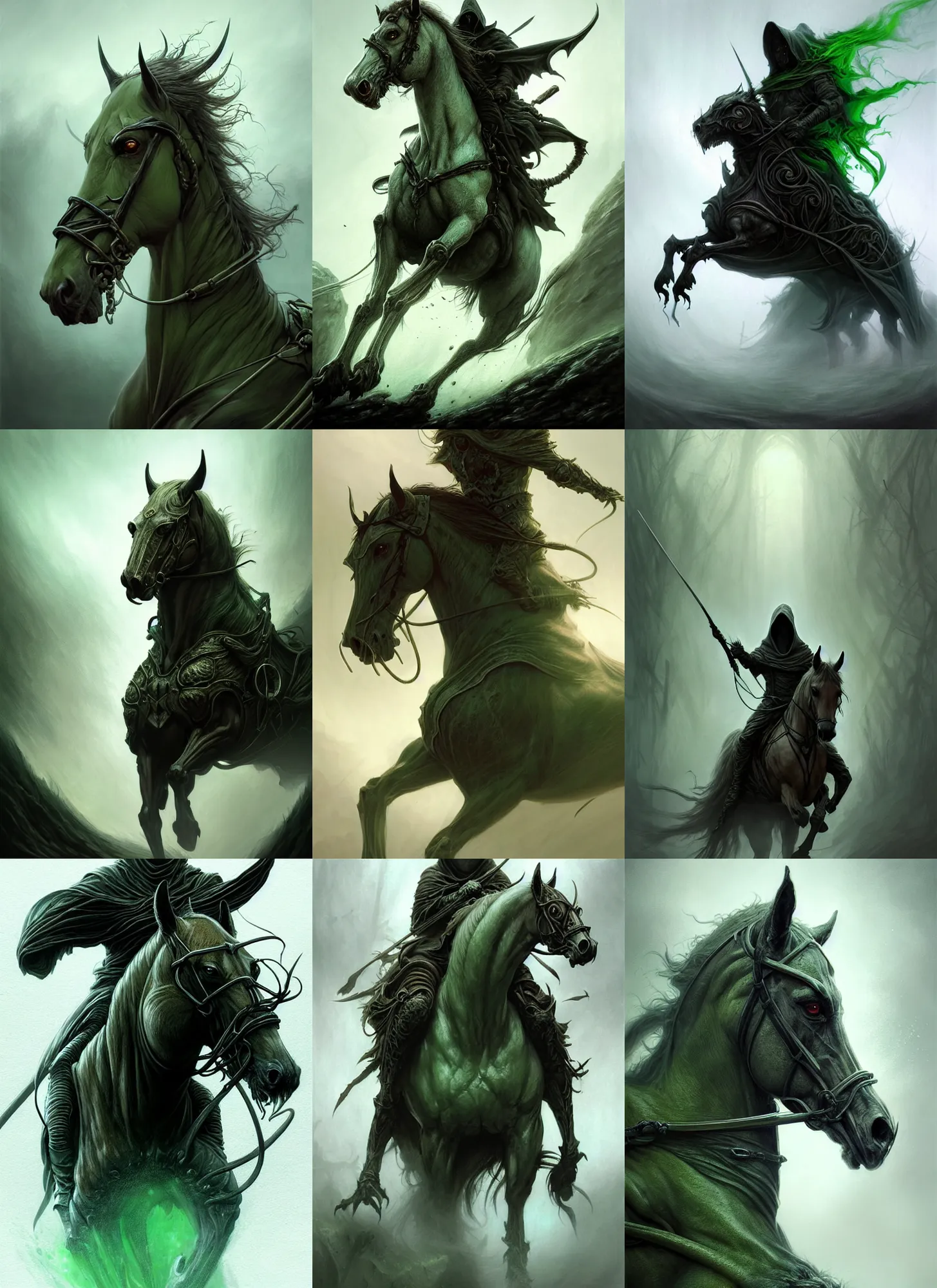 Image similar to concept art by artgerm, pestilence of the four horsemen of the apocalypse, soft green natural light, intricate, hooded death riding a horse, highly detailed dark art, digital painting, artstation, concept art, smooth, sharp focus, illustration, art by greg rutkowski and luis rollo and uang guangjian and gil elvgren, symmetry!