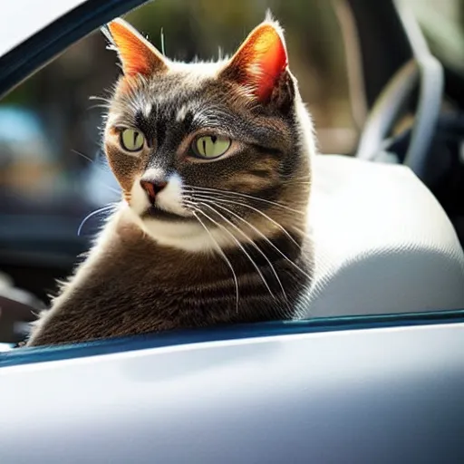 Image similar to a beautiful cat is driving a car