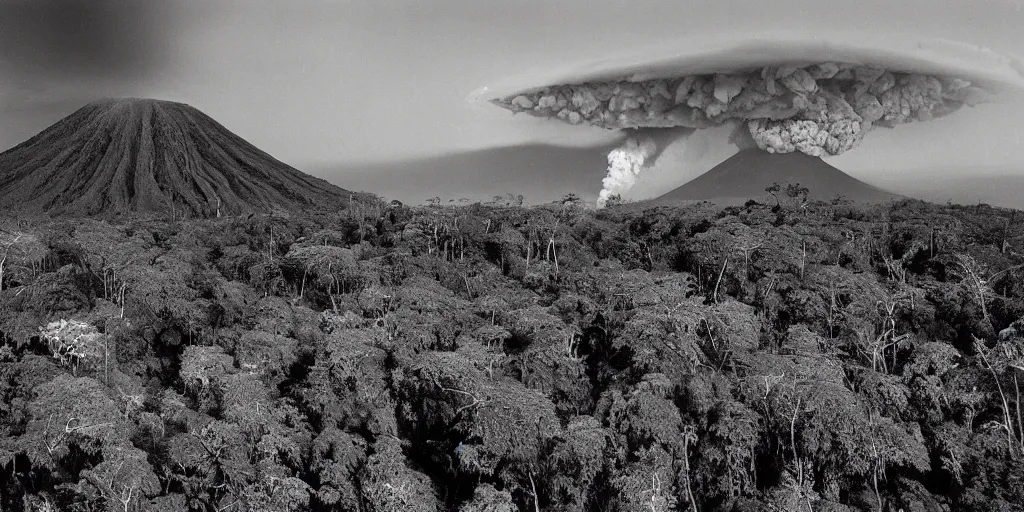 Prompt: a Sebastião Salgado's photograph of landscape of a forest near an erupting volcano