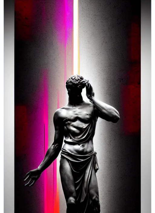 Image similar to elegant dark design poster showing a beautiful greco roman statue, black background with very subtle red and purple design elements, bold, powerful, nekro, vito acconci, thin straight purple lines, dark, glitch art, neo vaporwave, gritty, layout frame, square, trending on artstation