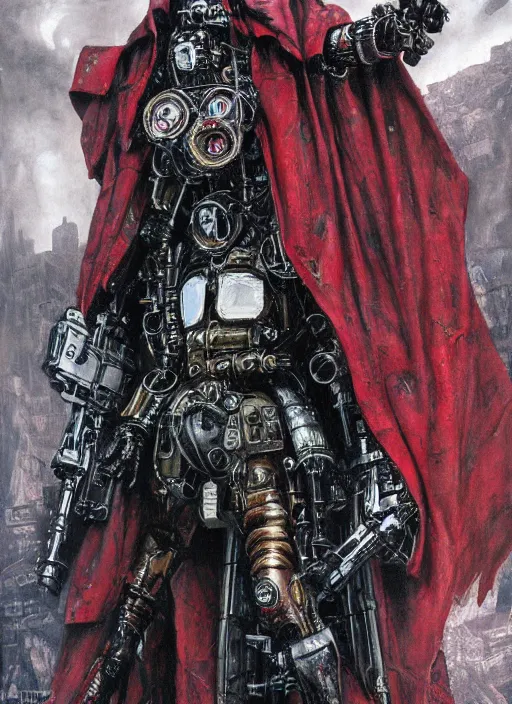 Image similar to portrait of rotten Tom Cruise as adeptus mechanicus in red hood and robe from Warhammer 40000. Highly detailed, artstation, illustration by and John Blanche and zdislav beksinski and wayne barlowe and Gustav Klimt