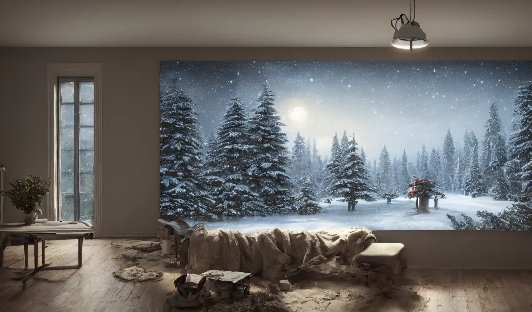 Image similar to a christmas eve in a beautiful home, photorealistic landscape painting on the wall, ascher clemens, home, interior, octane render, deviantart, greg rutkowski, cinematic, key art, hyperrealism, canon eos c 3 0 0, ƒ 1. 8, 3 5 mm, 8 k, medium - format print