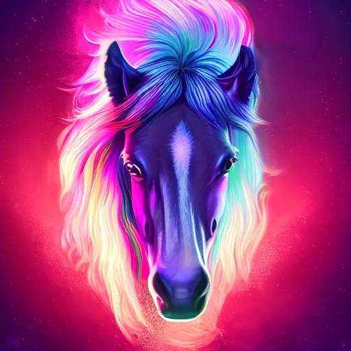 Prompt: calm digital horse, retrowave palette, highly detailed, anatomically correct equine, synth feel, smooth face, ear floof, flowing mane, no reins, super realism, accurate animal imagery, 4 k digital art
