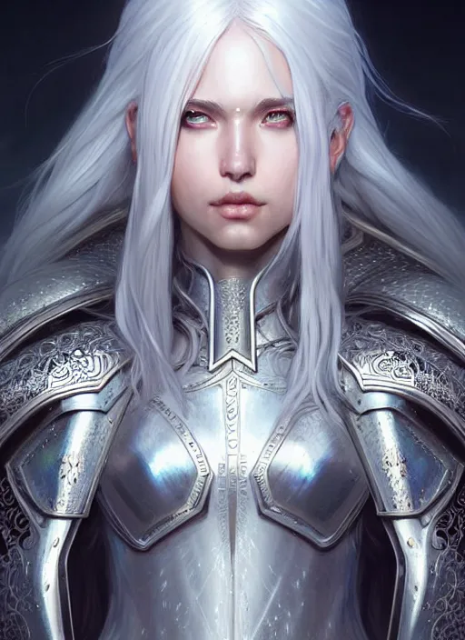 Prompt: light iridescent armor!!! long wild white hair!! covered chest!!! fantasy, d & d, intricate ornate details, digital painting, pretty face!!, symmetry, concept art, sharp focus, illustration, art by artgerm! greg rutkowski magali villeneuve wlop! ilya kuvshinov!!, octane render