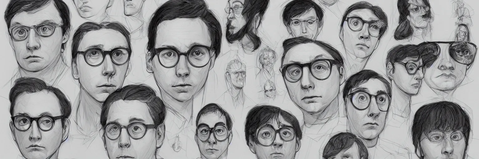 Image similar to character study of todd solondz and paul dano, 2 0 2 2, clear faces, emotional, character sheet, fine details, concept design, contrast, kim jung gi, pixar and da vinci, trending on artstation, 8 k, full body and head, turnaround, front view, back view, ultra wide angle