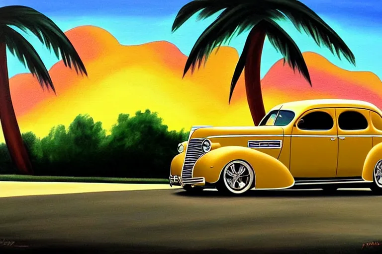 Prompt: beautiful painting, 1 9 3 7 pontiac sedan, two tone, tan with dark brown fenders, palm trees, sunset, dramatic lighting