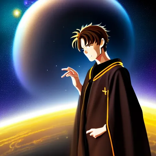 Image similar to a man with with brown hair, wearing a black robe with the tips made of gold, setting in space with a galaxy in the backround, anime, trending on artstation, high quality