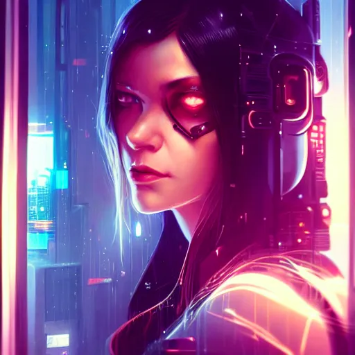 Image similar to art by ross tran, portrait of cyberpunk woman looking out of a window, cyberpunk setting, futuristic, highly detailed, intricate lighting, digital painting, sharp focus, illustration, trending on artstation, by anna dittmann, karol bak, charlie bowater.