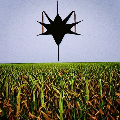 Image similar to “top secret footage of a cluster inter dimensional chitinous cruciform of unknown Origin floating above a cornfield”