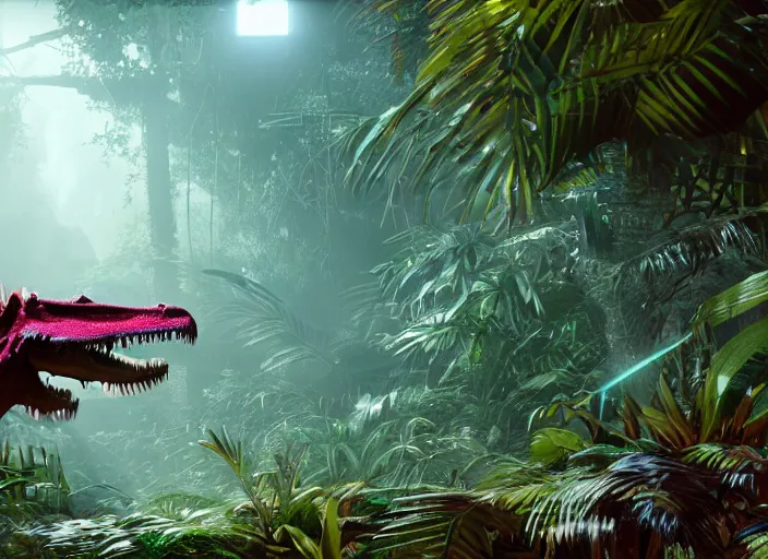 Image similar to a cg render of a colorful 🦖 in a noir galactic jungle, 8 k, unreal engine, detailed, hyperrealistic, octane