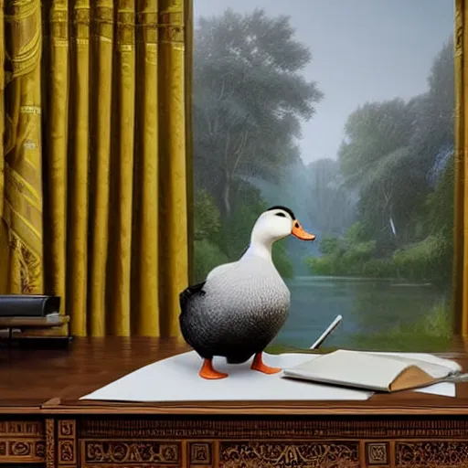Image similar to hyperrealistic mixed media image of a duck standing in the desk in the oval office, stunning 3 d render inspired art by istvan sandorfi and greg rutkowski, perfect facial symmetry, realistic, highly detailed attributes and atmosphere, dim volumetric cinematic lighting, 8 k octane extremely hyper - detailed render, post - processing, masterpiece,