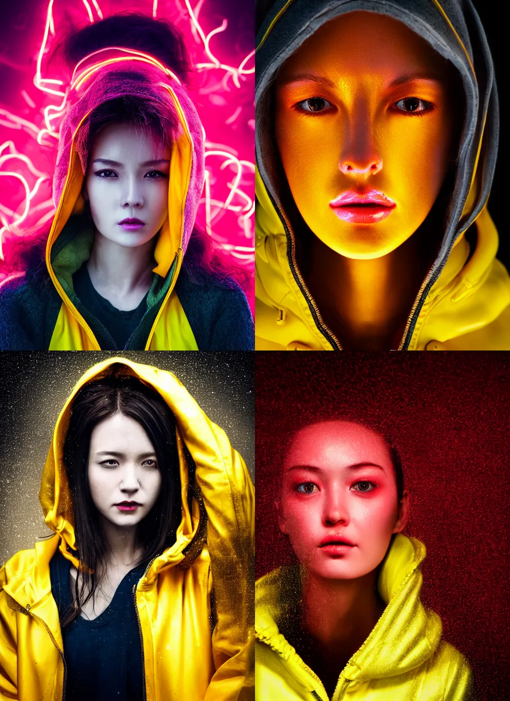 Prompt: A hyper realistic and detailed head portrait photography of a woman wearing a futuristic yellow raincoat with hoodie by Zhang Jingna. Neo noir style. Cinematic. Swirly bokeh. Red neon lights and glow in the background. Lens flare.