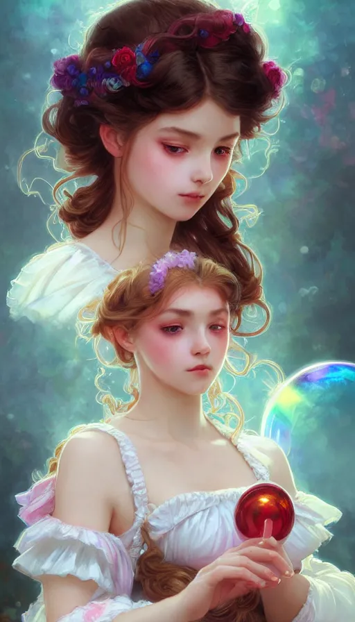 Prompt: portrait of magical lolita girl, dreamy and ethereal, RED eyes, peaceful expression, ornate frilly dress, fantasy, intricate, elegant, rainbow bubbles, highly detailed, digital painting, artstation, concept art, smooth, sharp focus, illustration, art by artgerm and greg rutkowski and alphonse mucha
