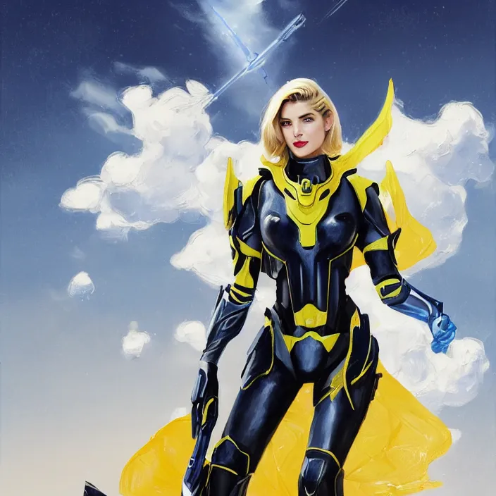 Image similar to A combination of Adriana Dxim's and Grace Kelly's and Ashley Greene's appearances with blonde hair wearing Interceptor's armor from Anthem, countryside, calm, fantasy character portrait, dynamic pose, above view, sunny day, thunder clouds in the sky, artwork by Jeremy Lipkin and Giuseppe Dangelico Pino and Michael Garmash and Rob Rey and Greg Manchess and Huang Guangjian, very coherent asymmetrical artwork, sharp edges, perfect face, simple form, 100mm