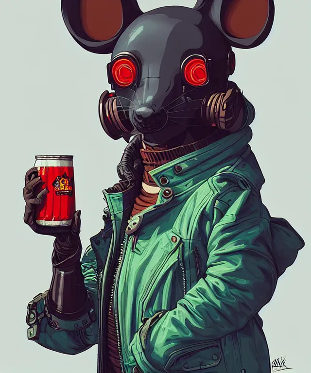 Image similar to a portrait of an anthropomorphic cyberpunk mouse holding a can of beer, cyberpunk!, fantasy, elegant, digital painting, artstation, concept art, matte, sharp focus, illustration, art by josan gonzalez