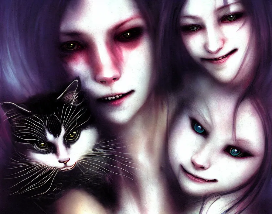 Image similar to portrait of the secretive vampire woman biker loner smiling at her cat, by yoshitaka amano, casey baugh, steve caldwell, gottfried helnwein, yasunari ikenaga, nico tanigawa, and artgerm rendered with 3 d effect.