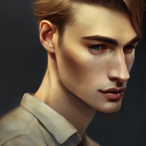 Image similar to tall man in his twenties with brown blond short quiff hair and round facial structure with cleft chin, straight eyebrows, cheekbones, big hazel nut brown eyes, atmospheric lighting, painted, intricate, 4 k, highly detailed by charlie bowater