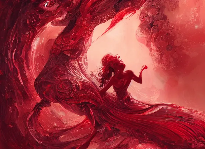 Prompt: woman loves sitting upon a scarlet coloured beast, pain, light effect, hyper detailed, intricate, elegant, highly detailed, digital painting, artstation, concept art, matte, sharp focus, illustration, by james jean, andrei riabovitchev, marc simonetti, yoshitaka amano