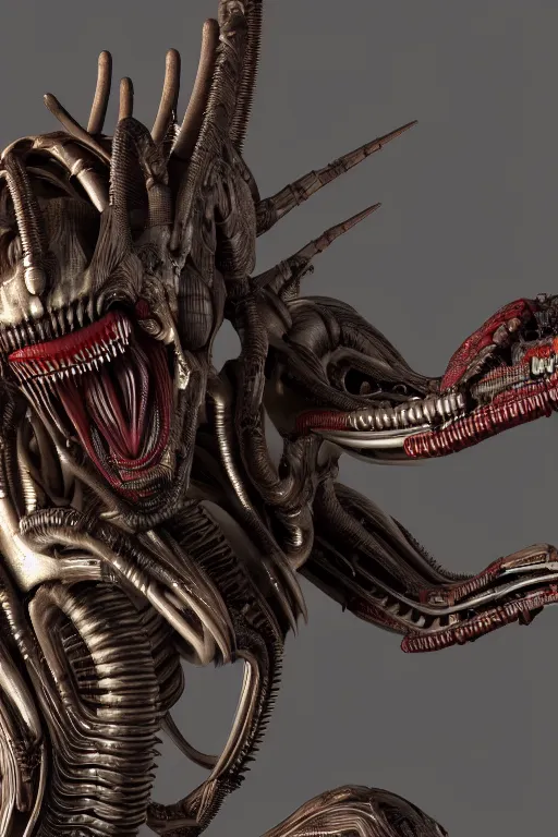 Image similar to detailed intricate biomechanical xenomorph artifact on display, cinematic render