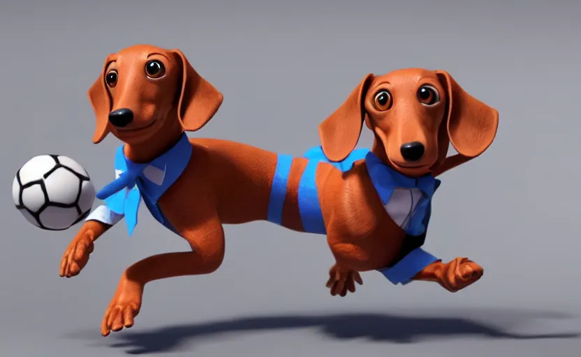 Prompt: happy dachshund catching a ball, suit, business outfit, cgi, 3 d animation, pixar