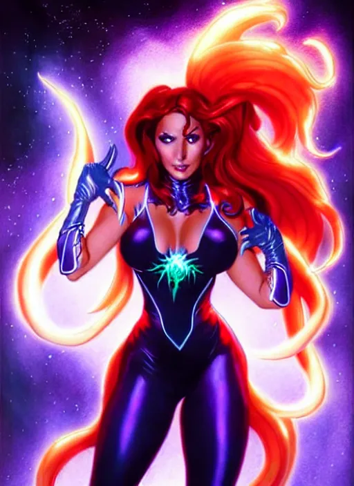 Image similar to front portrait hands behinds pose of attractive Starfire with wavy hair using white gloves, hands behind her pose!, Intricate overlay flames imagery , D&D!, fantasy style, sharp focus!, ultra detailed, art by Artgerm and Peter Andrew Jones, WLUP