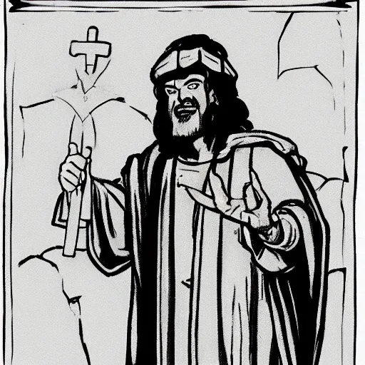 Image similar to white background. Man in Biblical clothing in the style of a black and white 1940s disney character reference sheet, ink outlines.