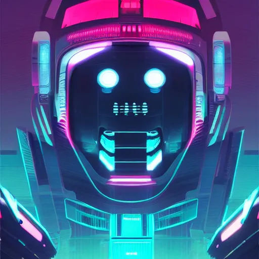 Image similar to a graph - style a huge robot head in front of her, cyberpunk art by by james gilleard, cgsociety, retrofuturism, synthwave, retrowave, outrun