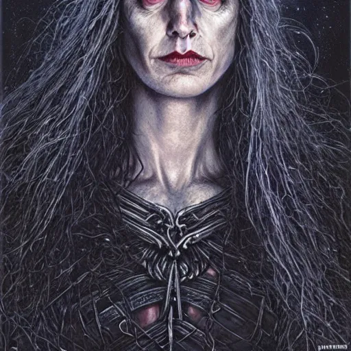 Image similar to head and shoulders portrait of an evil, black - skinned night hag portrayed by gal gadot, d & d, fantasy, luis royo, magali villeneuve, donato giancola, wlop, krenz cushart