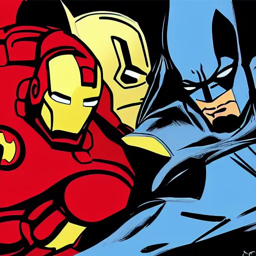 Image similar to ironman and batman having a fist fight, digital art