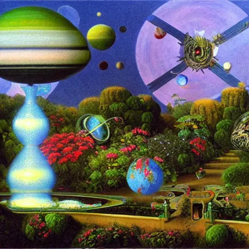 Image similar to a garden in orbit around saturn, 8 k, lowbrow, in the style of martin johnson heade, roger dean and h. r. giger,