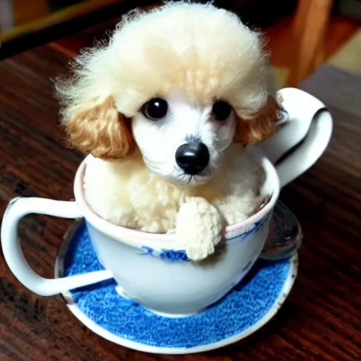 Image similar to very realistic cute poodle sitting inside a tea cup