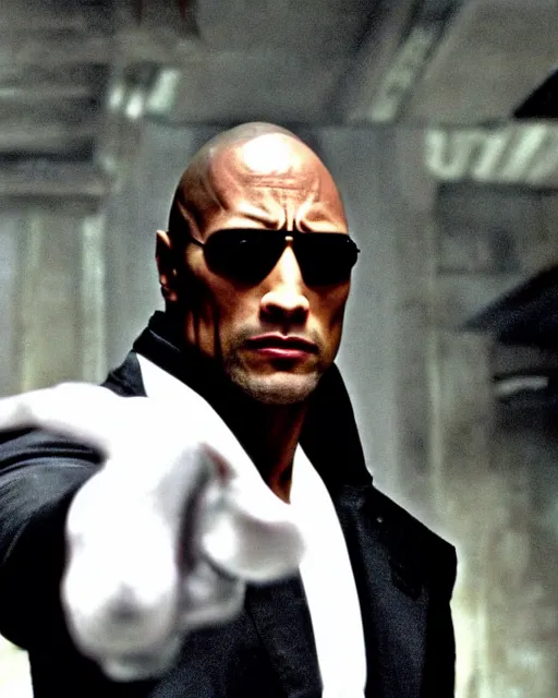 Image similar to film still close up shot of dwayne johnson as morpheus from the movie the matrix. photographic, photography