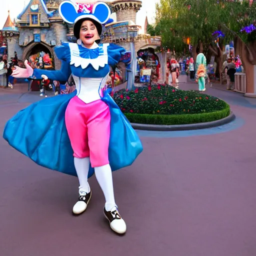 Prompt: high quality photo of a disneyland costumed character being rude to park guests, high definition