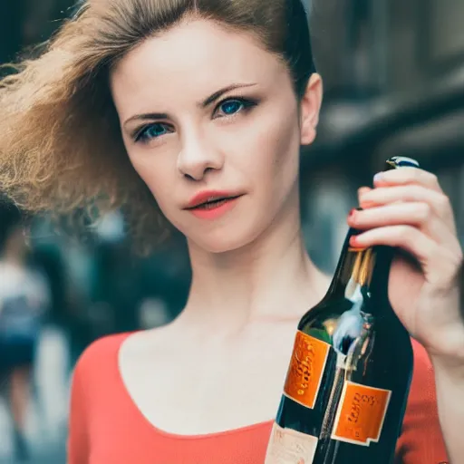 Image similar to photograph of woman holding a bottle in street, fashion shoot, award winning, kodak, 4 k, realistic intricate detail, hyper detail, woman very tired, full body potrait holding bottle, hazel green eyes, realistic, highlydetailed, natural, masterpiece, sharp focus, jennysaville