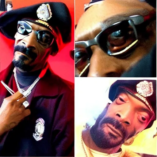 Image similar to Snoop Dogg smokes a joint, smoky red eyes, sits in a police car