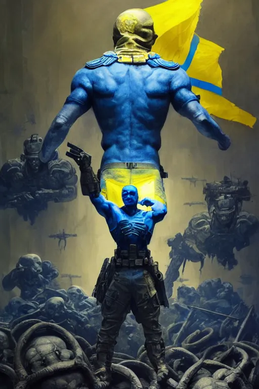 Image similar to A super soldier with Ukrainian blue and yellow flag is standing on a pile of skulls, Call of Duty, marvel, dark, intricate, highly detailed, smooth, artstation, digital illustration by Ruan Jia and Mandy Jurgens and Artgerm and Wayne Barlowe and Greg Rutkowski and Zdislav Beksinski