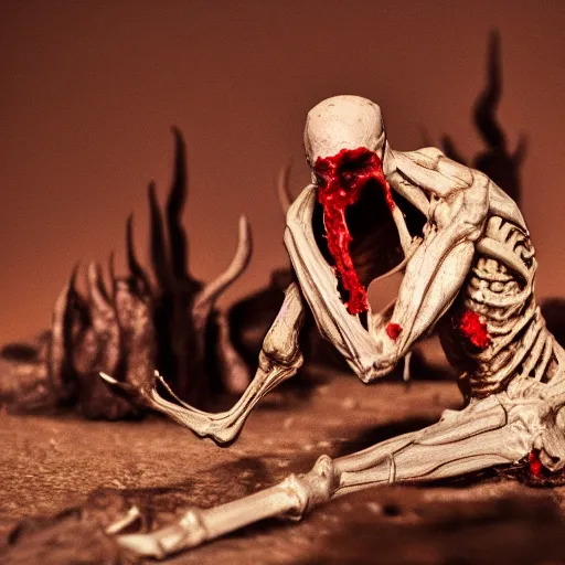 Image similar to in the desert a bloody The Thing creature made of muscle and bone and blood, mid day, 35mm photography, realistic,