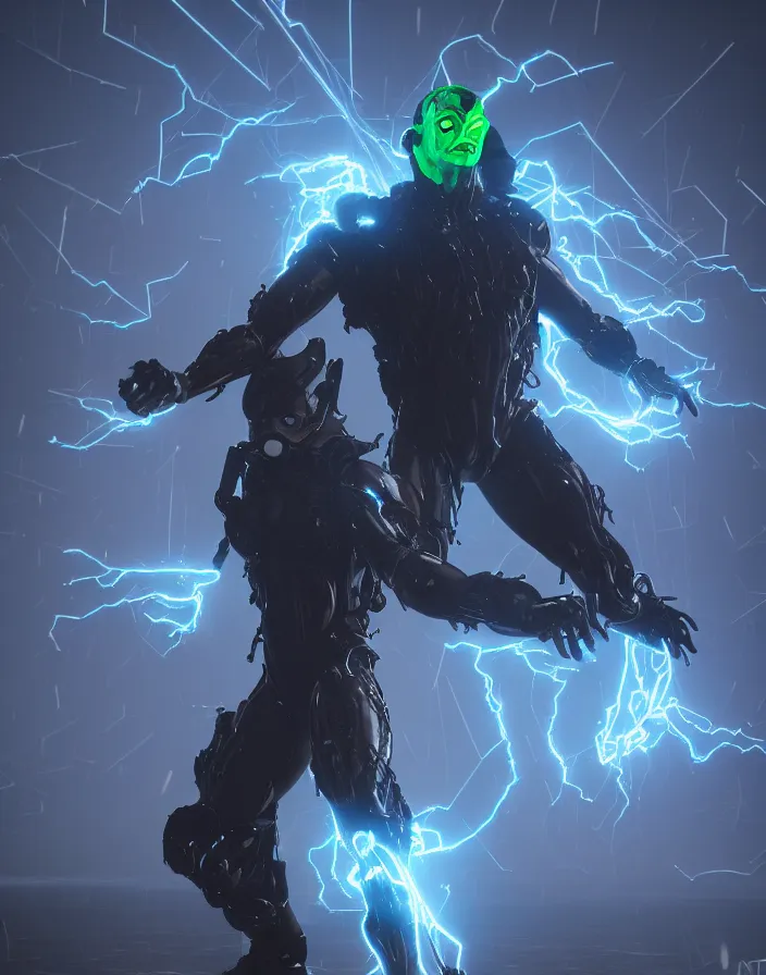 Image similar to electro storm supervillain, character design, radiating energy, mist, fog, photo realistic, octane render, unreal engine, hyper detailed, volumetric lighting