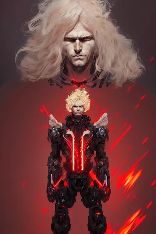 Image similar to digital art of a pale menacing male Cyborg Angel of War with fluffy blond curls of hair and piercing red and black eyes, central composition, he commands the fiery power of resonance and wrath, by WLOP, Artstation, CGsociety