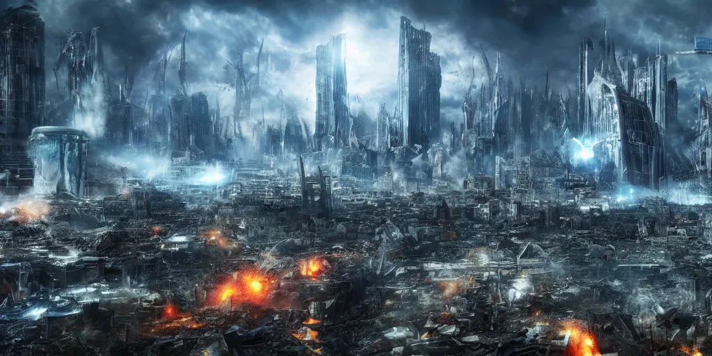Prompt: A 4K hyperrealistic render of sci-fi city behind destroyed by godzilla breathing blue plasma energy